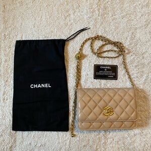 Chanel Tan Quilted Crossbody Bag with Gold Chain